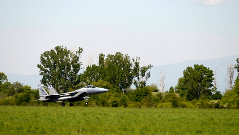 Twelve F-15C Eagles from the 122nd Expeditionary Fighter Squadron arrived at Graf Ignatievo Air Base, Bulgaria, April 26. Along with the aircraft, approximately 300 Airmen from the Louisiana and Florida Air National Guard are deployed to Europe as part of a Theater Security Package in support of Operation Atlantic Resolve with the goal of strengthening interoperability and enhancing regional security. (U.S. Air Force photo by Tech. Sgt. Staci Miller)