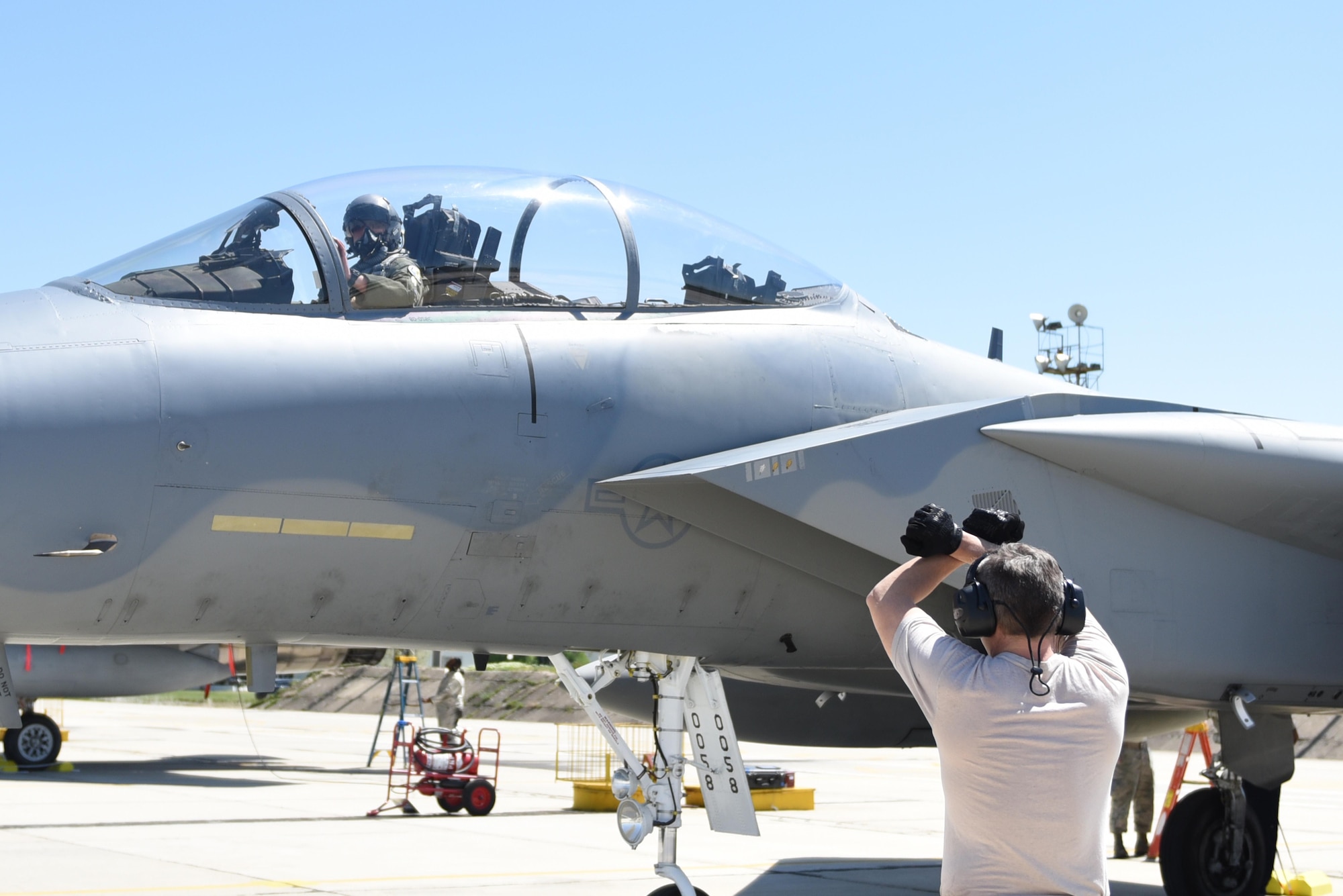 Twelve F-15C Eagles from the 122nd Expeditionary Fighter Squadron arrived at Graf Ignatievo Air Base, Bulgaria, April 26. Along with the aircraft, approximately 300 Airmen from the Louisiana and Florida Air National Guard are deployed to Europe as part of a Theater Security Package in support of Operation Atlantic Resolve with the goal of strengthening interoperability and enhancing regional security. (U.S. Air Force photo by Tech. Sgt. Staci Miller)