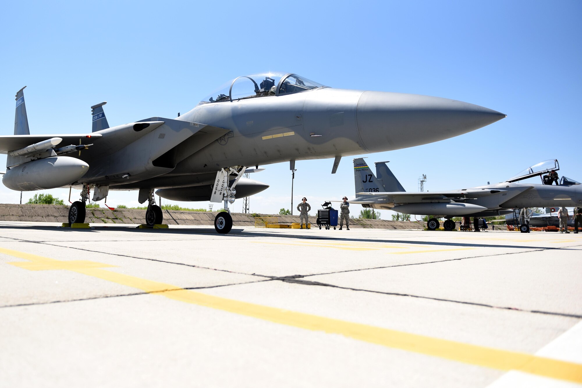 Twelve F-15C Eagles from the 122nd Expeditionary Fighter Squadron arrived at Graf Ignatievo Air Base, Bulgaria, April 26. Along with the aircraft, approximately 300 Airmen from the Louisiana and Florida Air National Guard are deployed to Europe as part of a Theater Security Package in support of Operation Atlantic Resolve with the goal of strengthening interoperability and enhancing regional security. (U.S. Air Force photo by Tech. Sgt. Staci Miller)