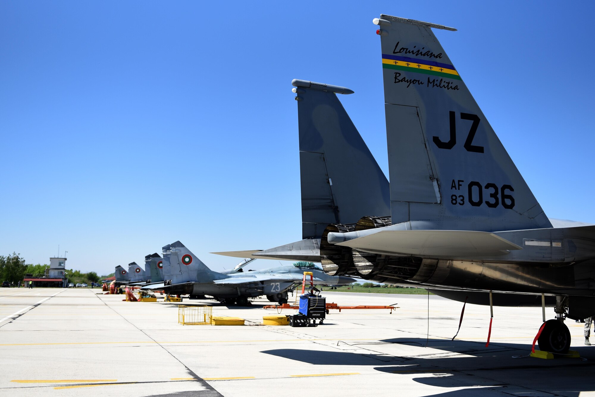 Twelve F-15C Eagles from the 122nd Expeditionary Fighter Squadron arrived at Graf Ignatievo Air Base, Bulgaria, April 26. Along with the aircraft, approximately 300 Airmen from the Louisiana and Florida Air National Guard are deployed to Europe as part of a Theater Security Package in support of Operation Atlantic Resolve with the goal of strengthening interoperability and enhancing regional security. (U.S. Air Force photo by Tech. Sgt. Staci Miller)