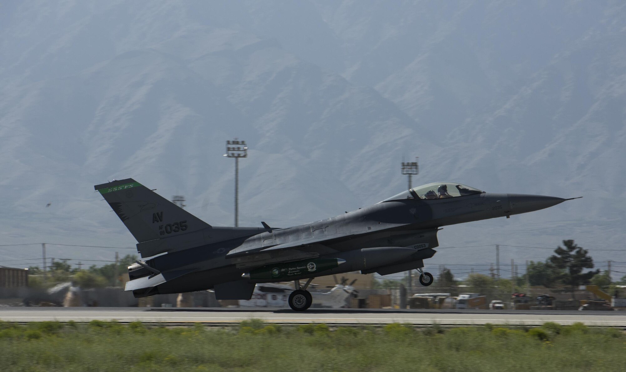 An F-16 Fighting Falcon, from the 555th Expeditionary Fighter Squadron, Aviano Air Base, Italy, lands on Bagram Airfield, Afghanistan, April 25, 2017. The 555th EFS deployed to Bagram Airfield as part of a rotation of fighters, which have had a constant presence in Afghanistan for more than a decade. (U.S. Air Force photo by Staff Sgt. Benjamin Gonsier)