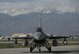 An F-16 Fighting Falcon, from the 555th Expeditionary Fighter Squadron, Aviano Air Base, Italy, taxis on the runway April 25, 2017, at Bagram Airfield, Afghanistan. The 555th EFS, who was last here in 2015, provides counterterrorism operations to enable a successful train, advise and assist campaign. (U.S. Air Force photo by Staff Sgt. Benjamin Gonsier)