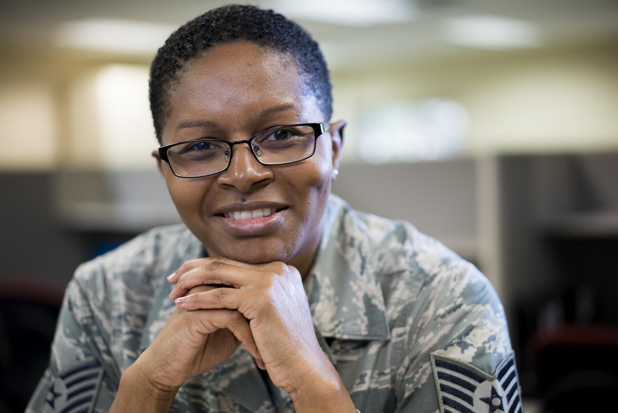 Tech. Sgt. Chanika Walters, 413th Aeromedical Staging Squadron command support staff NCO in charge, poses for a portrait April 25, 2017, at Robins Air Force Base, Georgia. Walters served in the U.S. Army for nine years before joining the Air Force Reserve in 2005. (U.S. Air Force photo by Jamal D. Sutter)
