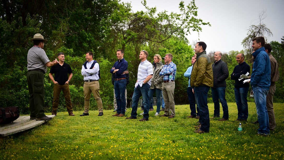 Members of the U.S. Air Force and both the French and Royal air force tour Yorktown Battlefield, Va., April 22, 2017. While the exercise was intended to share and develop training, tactics and procedures to enable interoperability, Airmen from the U.S. Air Force, FAF and RAF found themselves gathering after duty to interact and learn more about each other. (U.S. Air Force photo/Staff Sgt. Areca T. Bell)