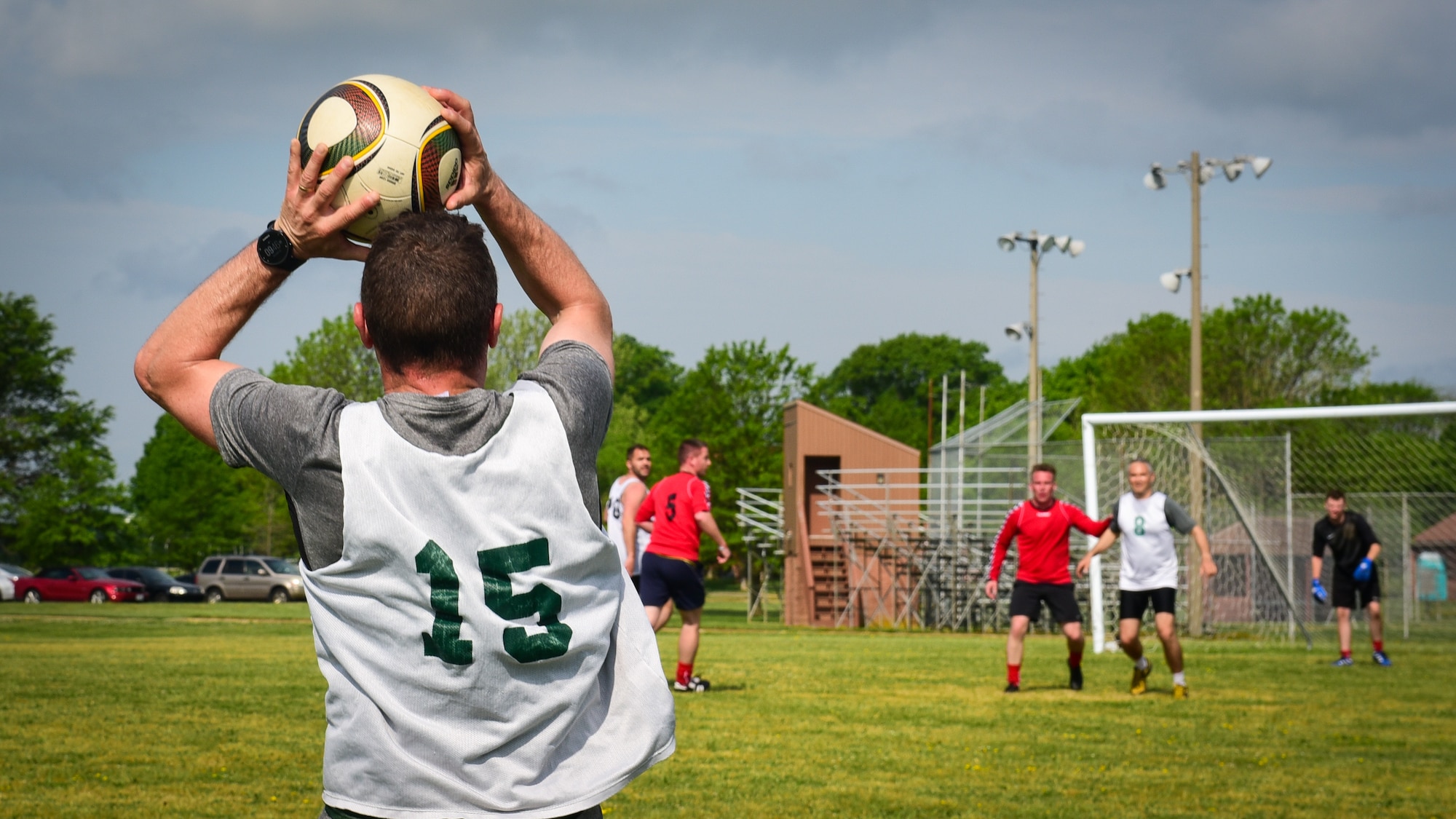 A French air force Airman participates in the ATLANTIC TRIDENT 17 soccer tournament, at Joint Base Langley-Eustis, Va., April 22, 2017. Over the course of the exercise, several other social events, to include a trip to Yorktown Battlefield, Va., were hosted by the U.S. Air Force, FAF and Royal air force. (U.S. Air Force photo/Staff Sgt. Areca T. Bell)