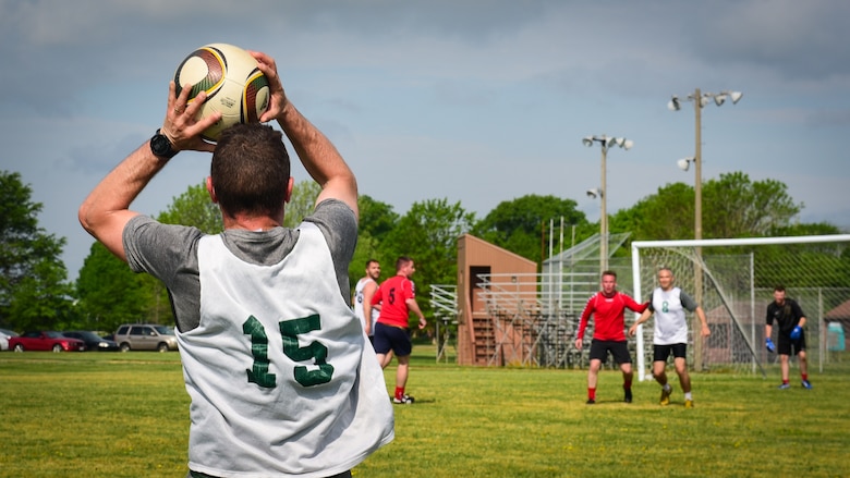 A French air force Airman participates in the ATLANTIC TRIDENT 17 soccer tournament, at Joint Base Langley-Eustis, Va., April 22, 2017. Over the course of the exercise, several other social events, to include a trip to Yorktown Battlefield, Va., were hosted by the U.S. Air Force, FAF and Royal air force. (U.S. Air Force photo/Staff Sgt. Areca T. Bell)