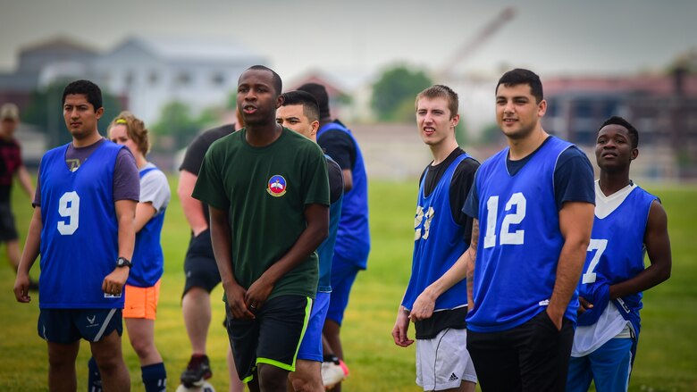 U.S. Air Force Airmen cheer on their team mates during a soccer match against the French air force during the ATLANTIC TRIDENT 17 soccer tournament, at Joint Base Langley-Eustis, Va., April 22, 2017. The Airmen, who participated during the exercise, were given the opportunity to improve their teamwork during exercise operations by participating in social events off the flightline. (U.S. Air Force photo/Staff Sgt. Areca T. Bell)