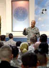 Gen. Jay Raymond, Air Force Space Command commander, conducts an all call with the the 5th Combat Communications Group at the Museum of Aviation at Robins Air Force Base, Ga. April 24, 2017. During the general's visit, he toured the 5th CCG, the Warner Robins Air Logistics Complex, hosted an all call with the 5th Mob and attended a social with local community leaders at the Museum of Aviation. (U.S. Air Force photo/Ed Aspera)
