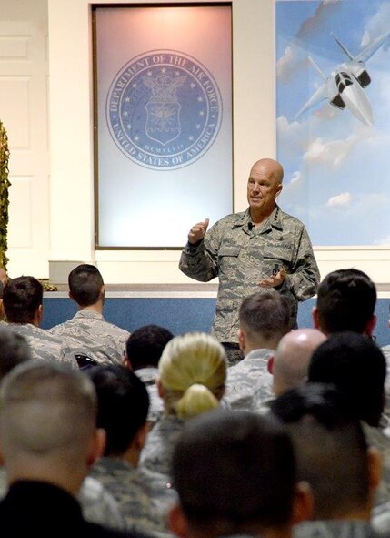 Gen. Jay Raymond, Air Force Space Command commander, conducts an all call with the the 5th Combat Communications Group at the Museum of Aviation at Robins Air Force Base, Ga. April 24, 2017. During the general's visit, he toured the 5th CCG, the Warner Robins Air Logistics Complex, hosted an all call with the 5th Mob and attended a social with local community leaders at the Museum of Aviation. (U.S. Air Force photo/Ed Aspera)