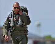 U.S. Air Force 1st Lt. Edward Galloway, 71st Fighter Training Squadron aggressor pilot, returns from an air combat training mission during ATLANTICTRIDENT 17 at Joint Base Langley-Eustis, Va., April 18, 2016. The U.S. Air Force F-15E Strike Eagles and T-38 Talons played the roles of adversary aircraft during the exercise. (U.S. Air Force photo/Staff Sgt. Natasha Stannard)