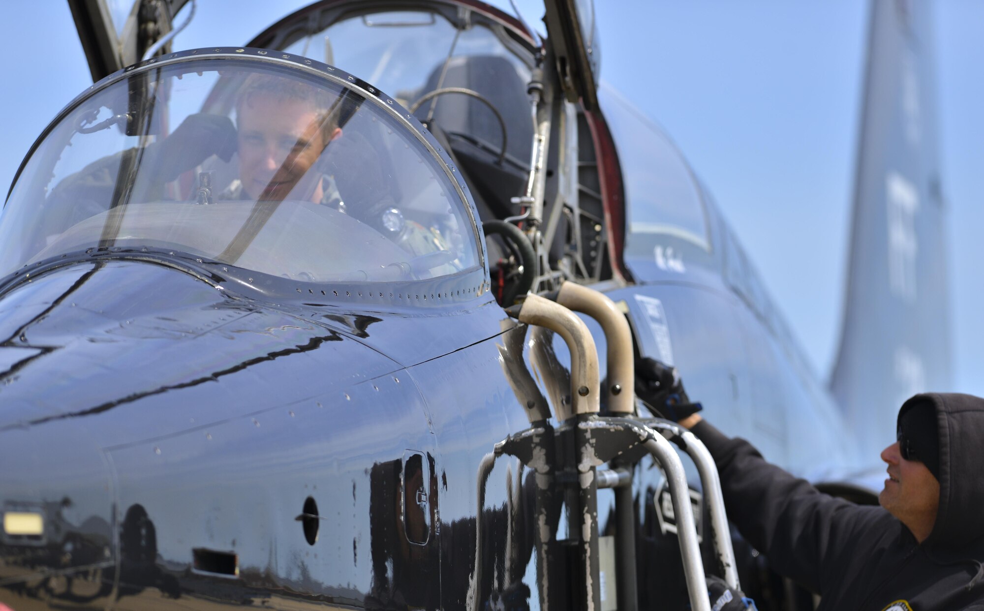 U.S. Air Force Maj. Nathaniel Lightfoot, 71st Fighter Training Squadron aggressor pilot, returns from a combat training mission during ATLANTICTRIDENT 17 at Joint Base Langley-Eustis, Va., April 18, 2016. The 1st Fighter Wing hosted the exercise to focus on greater integration of the
U.S. Air Force's fifth-generation capabilities. (U.S. Air Force photo/Staff Sgt. Natasha Stannard)