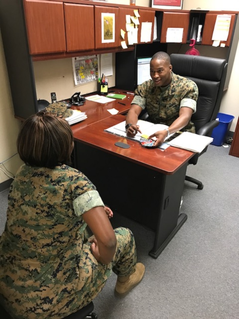 Sgt. Matthew M. JohnsonGrant of Headquarters Company, Marine Corps Communication-Electronics School conducts an interview with a Careerist. JohnsonGrant’s primary duties are as the Career Planner for Marine Corps Communication-Electronics School. 