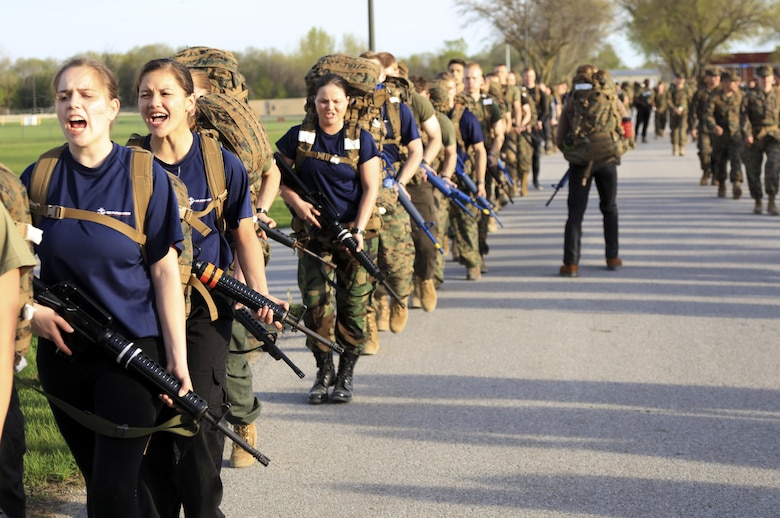 Marine Corps officer candidates participate in a four-mile hike during a during an Officer Candidate School preparation weekend aboard Camp Dodge, Johnston, Iowa, April 22, 1017. The Officer Candidate School (OCS) preparation weekend was held to enhance readiness through challenging and realistic training with a focus on basic Marine Corps knowledge and skills. (U.S. Marine Corps photo by Cpl. Zachery B. Martin)