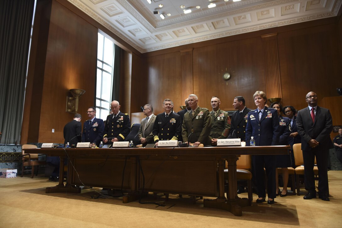 Various chiefs of reserve forces prepare to testify at the Senate Appropriations Subcommittee Defense hearing on National Guard and Reserve Programs and Readiness, April 26, 2017. From left to right: Air Force Gen. Joseph Lengyel, chief of the National Guard Bureau; Lt. Gen. Charles D. Luckey, chief of the Army Reserve; Vice Adm. Luke M. McCollum, chief of the Navy Reserve; Lt. Gen. Rex C. McMillian, commander of Marine Corps Forces Reserve and Lt. Gen. Maryanne Miller, chief of Air Force Reserve. (National Guard photo by Tech. Sgt. Erich B. Smith/Released)