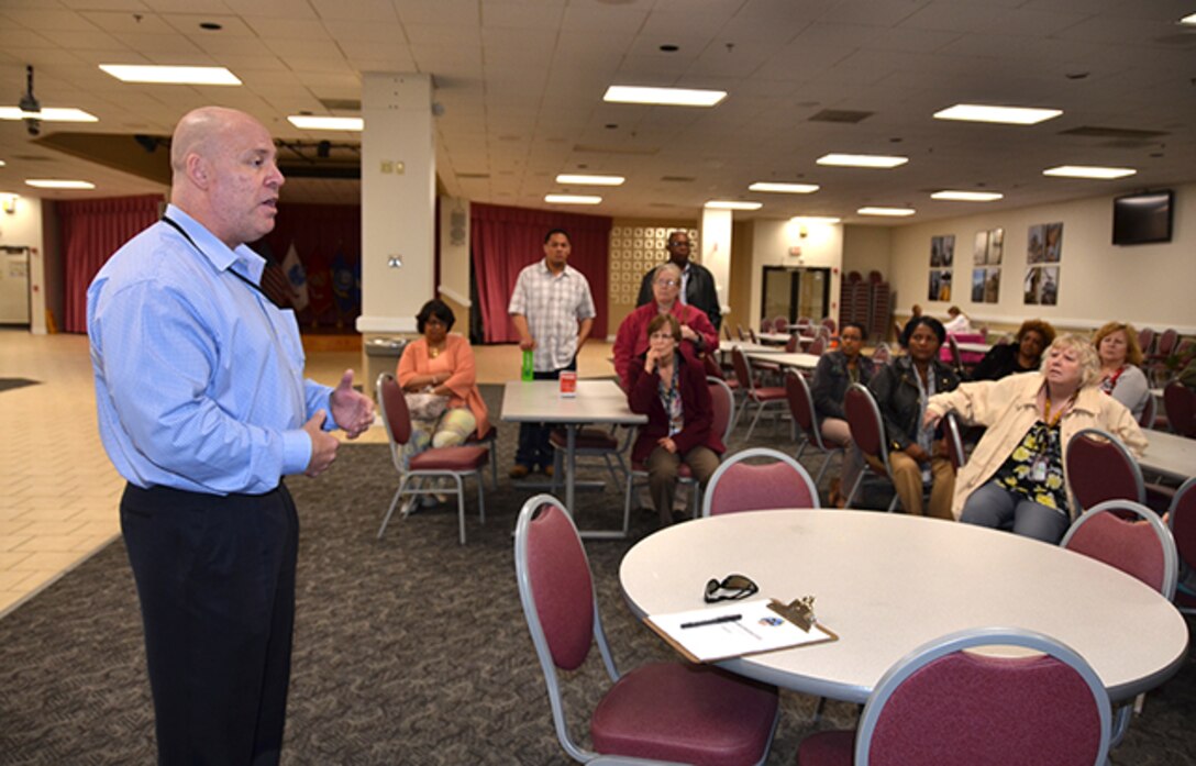 William Bullock Sr., emergency manager, DLA Installation Support at Richmond, reviews emergency processes with employees March 21, 2017 in the Center Restaurant after a tornado drill held on Defense Supply Center Richmond, Virginia.
