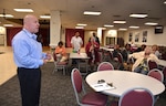 William Bullock Sr., emergency manager, DLA Installation Support at Richmond, reviews emergency processes with employees March 21, 2017 in the Center Restaurant after a tornado drill held on Defense Supply Center Richmond, Virginia.
