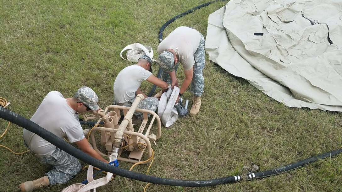 Soldiers assigned to the 973rd Quartermaster Company, assemble the Reverse Osmosis Water Purification Unit during the Tropical Journey exercise help at the Rafael Hernandez Airport in Aguadilla, April 23. Tropical Journey (TJ) is a full-scale VA driven “All Hazard Preparedness Response” exercise that began in 2005 and occurs every three years. The TJ17 scenario enables participants to assess objectives and core capabilities. This full-scale exercise provides a platform for 1st Mission Support Command unit leadership to evaluate METL collective training tasks within a DSCA operational environment.