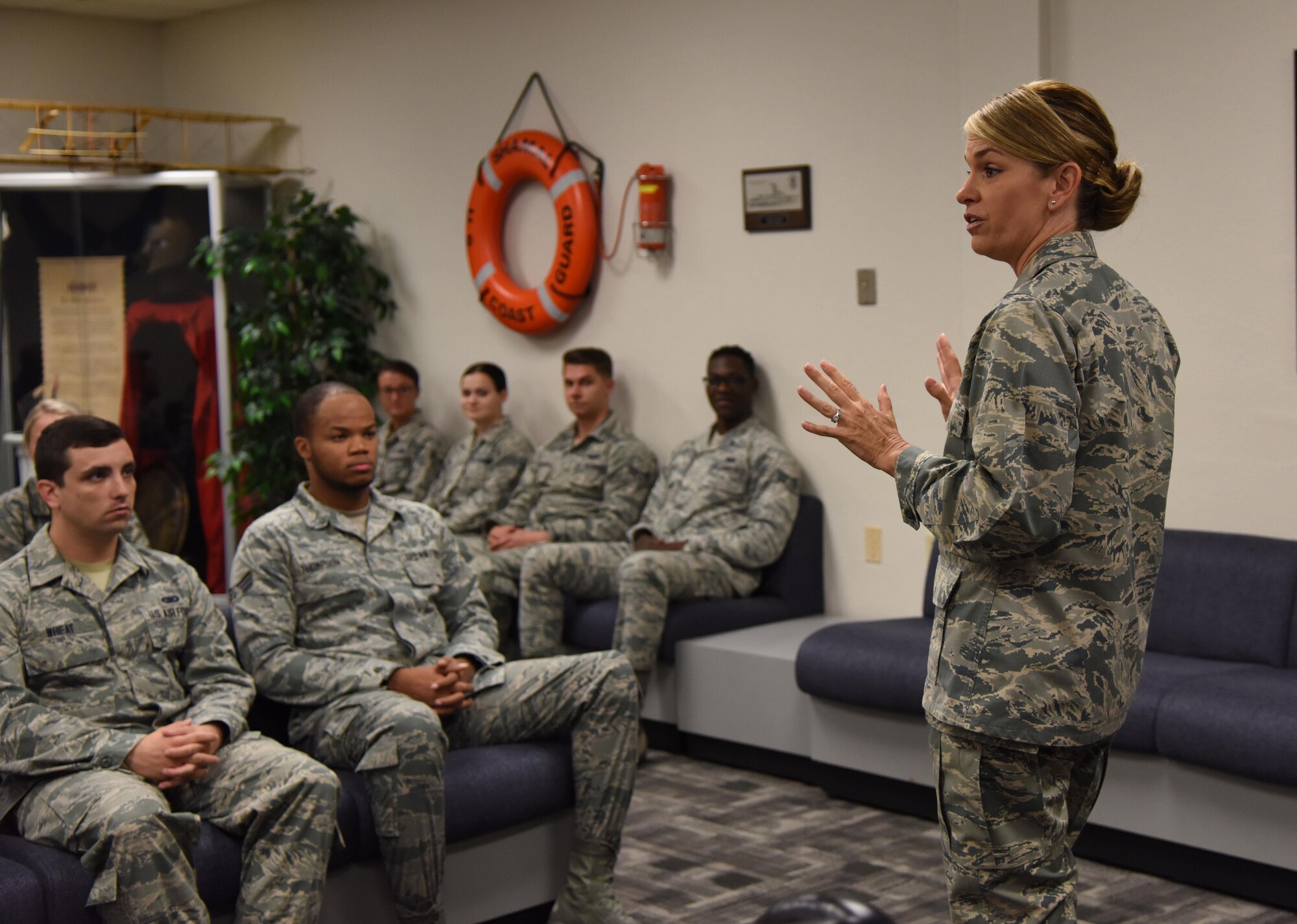 Col. Michele Edmondson, 81st Training Wing commander, briefs Airmen Leadership School students inside the heritage room April 21, 2017, on Keesler Air Force Base, Miss. She visits every ALS class to brief the importance of fulfilling a leadership role. (U.S. Air Force photo by Kemberly Groue)