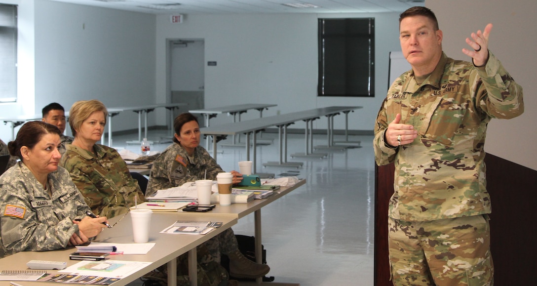 SEAGOVILLE, Texas -- Col. Hiram Tabler, the Director of Military Support for the Oklahoma Army National Guard, instructs the group on emergency management procedures as part of the Defense Support of Civil Authorities workshop held here on April 23, 2017. (U.S. Army Reserve photo by Spc. Christopher Hernandez, 345th Public Affairs Detachment)