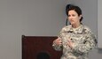 SEAGOVILLE, Texas -- Lt. Col. Judith Christians, the Deputy Regional Emergency Preparedness Liaison Officer of the Defense Coordinating Element for FEMA Region VI, gives a presentation as part of the Defense Support of Civil Authorities workshop held here on April 23, 2017. (U.S. Army Reserve photo by Spc. Christopher Hernandez, 345th Public Affairs Detachment)