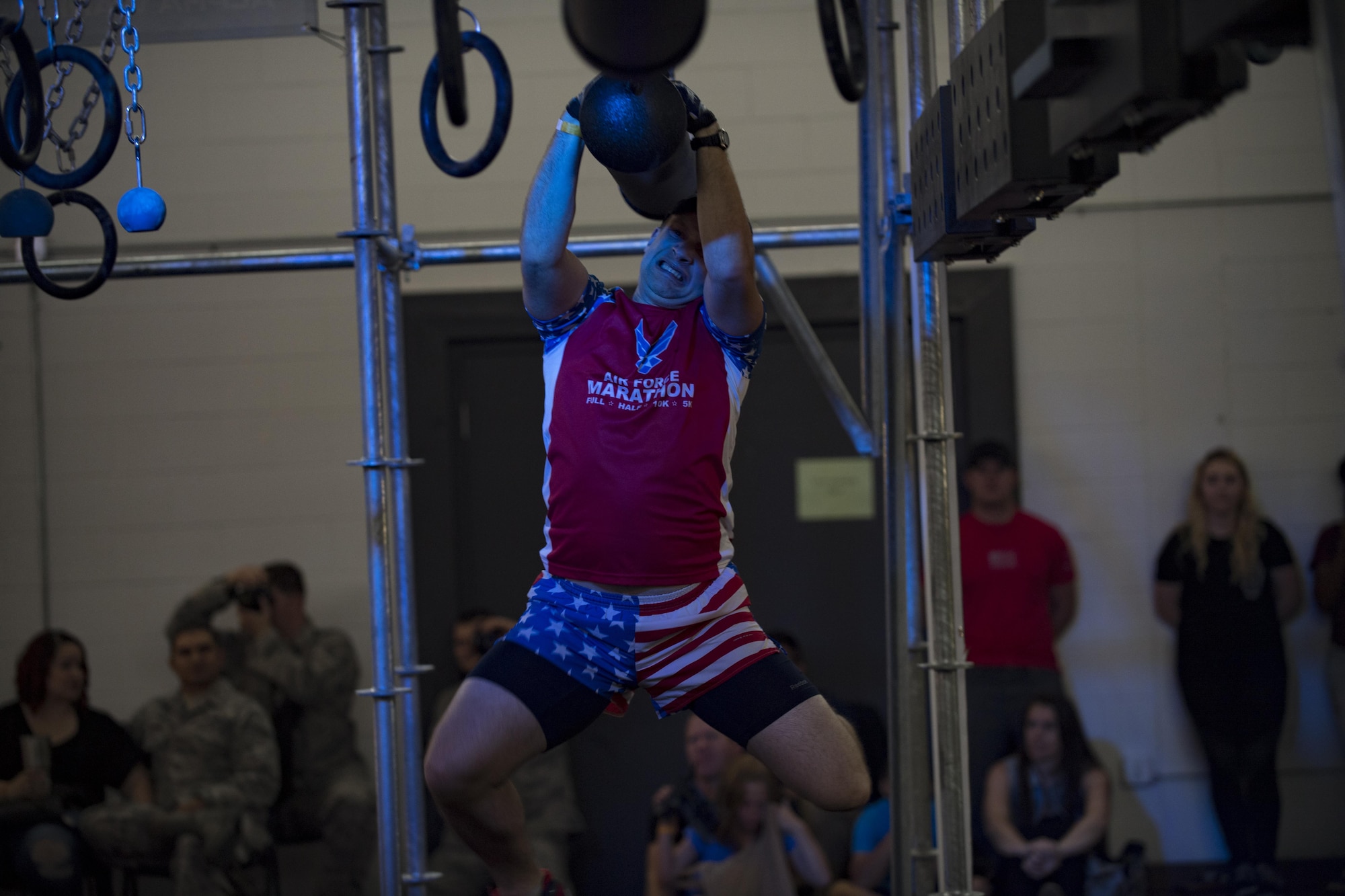 An Alpha Warrior participant battles across an obstacle in the Alpha Warrior obstacle course, April 26, 2017, at Moody Air Force Base, Ga. The Air Force Services Activity partnered with the Alpha Warrior team to promote Comprehensive Airman Fitness. Winners earned an opportunity to compete in an Air Force-wide Alpha Warrior championship.  (U.S. Air Force photo by Airman 1st Class Daniel Snider)