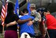 Retired Tech. Sgt. John Carpenter, Eighth Air Force World War II veteran, center, stands during the singing of the national anthem during a Mighty Eighth Heritage 8K held at Barksdale Air Force Base, La., April 26, 2017. Approximately 100 Airmen and their family members ran in honor of Eighth Air Force veterans as a way of recognizing and remembering the services and sacrifices they made for their country. The run served as one of the many events held in commemoration of the Eighth Air Force’s 75th anniversary. (U.S. Air Force photo by Senior Airman Erin Trower) 