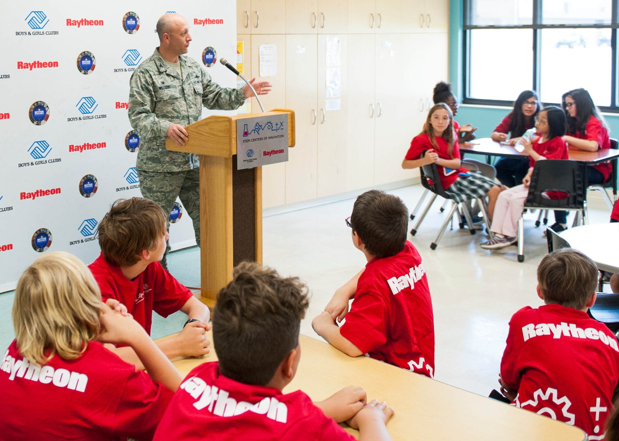 Col. David Willcox, 96th Mission Support Group, addresses youth center members during opening celebrations for the Center of Innovation April 20, 2017. (U.S. Air Force photo/Sara Francis)