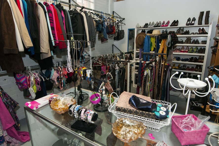 Woman’s clothes and accessories are on display at the Airman’s Attic on F.E. Warren Air Force Base, Wyo., April 26, 2017. All items are free at the attic, and members who use the facility are only asked to not resale the items they take. The Airman’s Attic is a base resource where Airmen, dependents and retirees can shop for free through donated goods. (U.S. Air Force photo by Staff Sgt. Christopher Ruano)