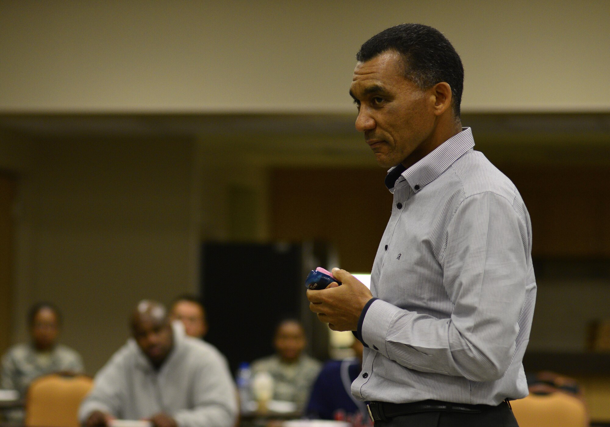 Mr. Andrew Bossard, a briefer during the Storyteller event, shares his story of resiliency at Osan Air Base, Republic of Korea, April 6, 2017. During the event, Bossard’s topic was shades of ambiguity in which he spoke about overcoming prejudice as a child and his ability to bounce back through adversity. (U.S. Air Force photo by Staff Sgt. Alex Fox Echols III)