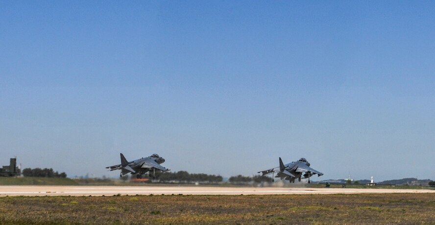 U.S. Marine Corp AV-8B Harriers with Marine Attack Squadron (VMA) 311 take off during Exercise MAX THUNDER 17 at Kunsan Air Base, Republic of Korea, April 27, 2017. In Max Thunder, U.S. and ROK air forces consistently train together to be ready around-the-clock to defend the Republic of Korea. The interoperability and trust developed between the allies in training is critical to ensure U.S. and ROK are prepared for any challenge. (U.S. Air Force photo by Senior Airman Colville McFee/Released)
