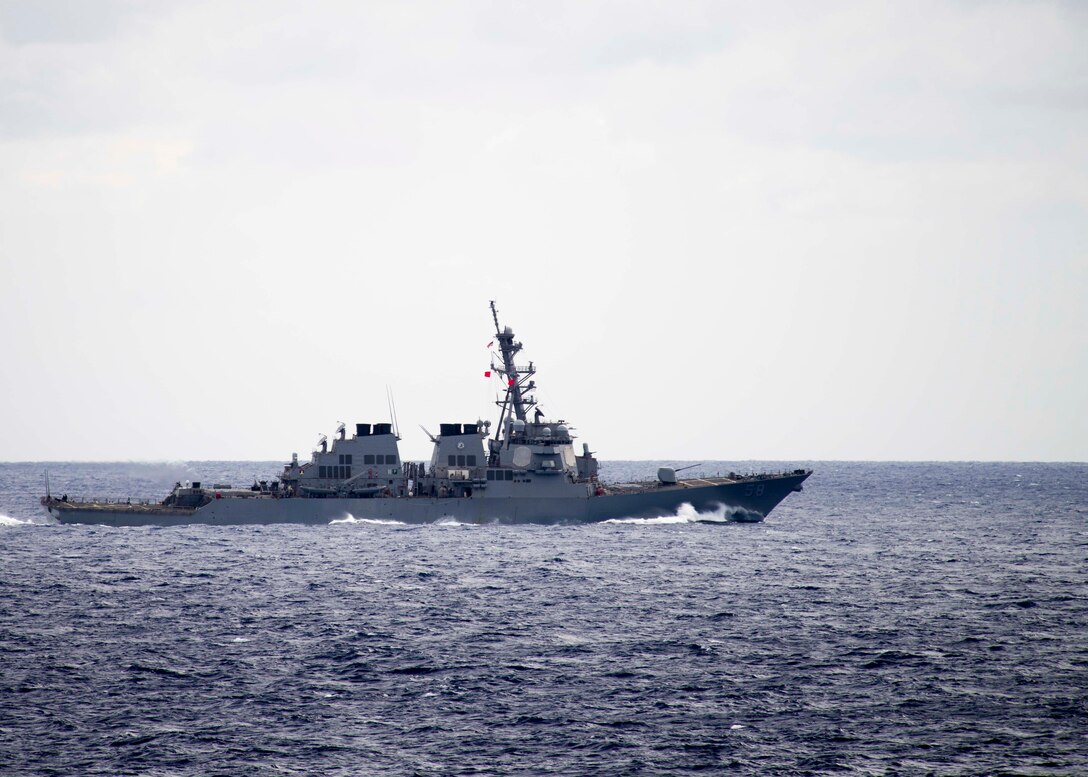 160927-N-VK873-023 ATLANTIC OCEAN (Sept. 27, 2016) The guided-missile destroyer USS Laboon (DDG 58) sails with the guided-missile cruiser USS Hue City (CG 66) into formation for a missile exercise. Hue City is conducting routine training and operations in preparation for an upcoming deployment with the George H.W. Bush Strike Group. (U.S. Navy photo by Petty Officer 3rd Class Kayla King/Released)