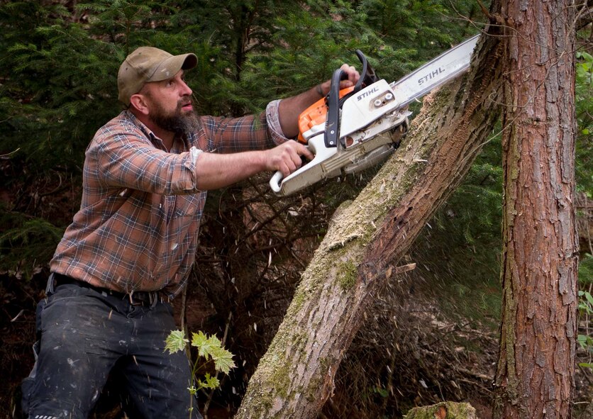 Uwe Klinck, a local national volunteer from the town of Schwedelbach, clears trees from around a public barbecue pavilion in Schwedelbach, Germany, April 23, 2017. Ramstein Air Base Airmen and local nationals teamed up to paint the pavilion, repair the roof and clears trees and brush away from the immediate area so that others may enjoy the facility. (U.S. Air Force photo by Senior Airman Elizabeth Baker)