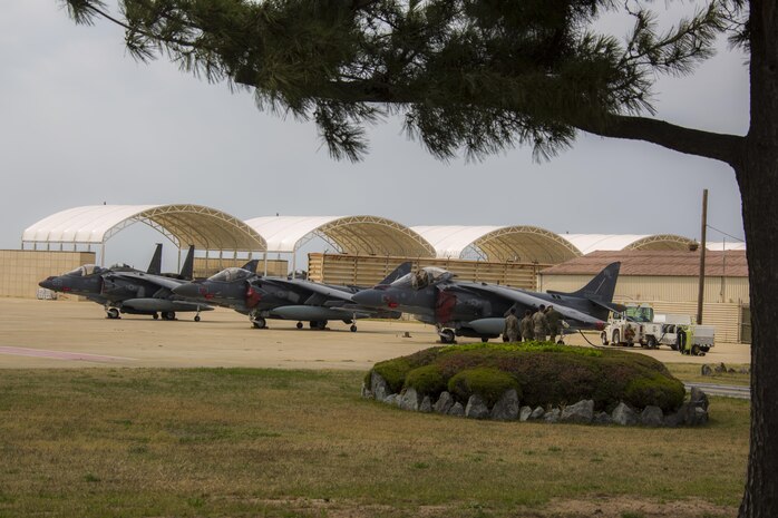 U.S. Marines with Marine Attack Squadron (VMA) 311 and Marine Air Group (MAG) 12 maintain AV-8B Harriers during Exercise MAX THUNDER 17, Kunsan Air Base, Republic of Korea, April 14, 2017. Max Thunder serves as an opportunity for U.S. and ROK forces to train together and sharpen tactical skills for the defense of the Asia-Pacific region. It is an annual military-flying exercise built to promote interoperability between U.S. and ROK forces. (U.S. Marine Corps photo by Lance Cpl. Carlos Jimenez)