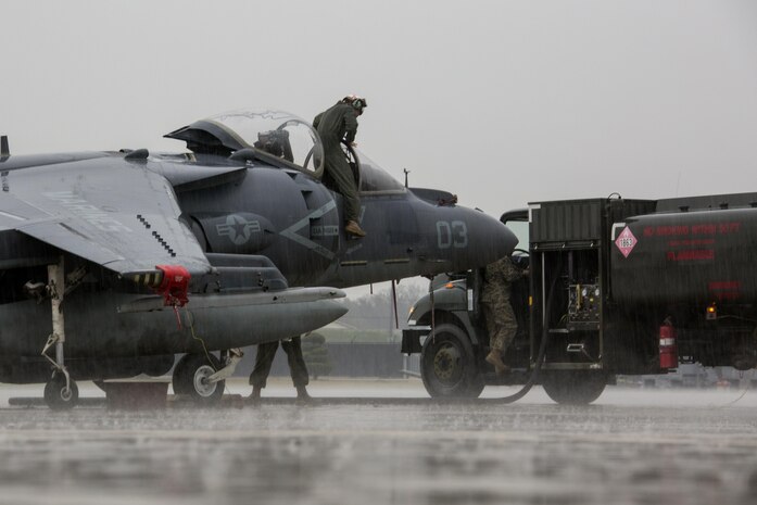U.S. Marines with Marine Attack Squadron (VMA) 311 and Marine Air Group (MAG) 12 maintain AV-8B Harriers during Exercise MAX THUNDER 17, Kunsan Air Base, Republic of Korea, April 16, 2017. Max Thunder serves as an opportunity for U.S. and ROK forces to train together and sharpen tactical skills for the defense of the Asia-Pacific region. It is an annual military-flying exercise built to promote interoperability between U.S. and ROK forces. (U.S. Marine Corps photo by Lance Cpl. Carlos Jimenez)