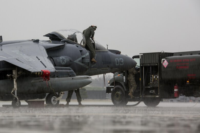 U.S. Marines with Marine Attack Squadron (VMA) 311 and Marine Air Group (MAG) 12 maintain AV-8B Harriers during Exercise MAX THUNDER 17, Kunsan Air Base, Republic of Korea, April 16, 2017. Max Thunder serves as an opportunity for U.S. and ROK forces to train together and sharpen tactical skills for the defense of the Asia-Pacific region. It is an annual military-flying exercise built to promote interoperability between U.S. and ROK forces. (U.S. Marine Corps photo by Lance Cpl. Carlos Jimenez)