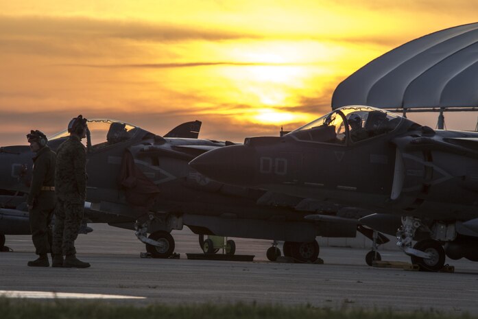 U.S. Marines with Marine Attack Squadron (VMA) 311 prepare for the AV-8B Harriers to take off during Exercise MAX THUNDER 17 at Kunsan Air Base, Republic of Korea, April 26, 2017. Max Thunder serves as an opportunity for U.S. and ROK forces to train together and sharpen tactical skills for the defense of the Asia-Pacific region. It is an annual military-flying exercise built to promote interoperability between U.S. and ROK forces. (U.S. Marine Corps photo by Lance Cpl. Carlos Jimenez)