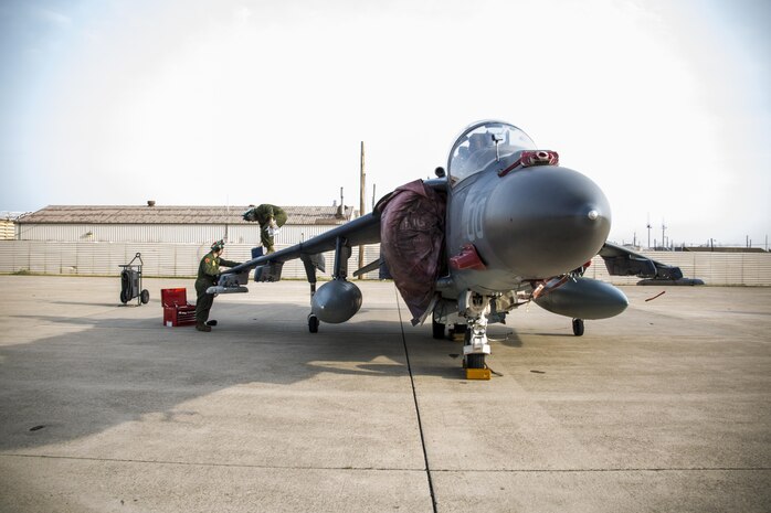 U.S. Marines with Marine Attack Squadron (VMA) 311 maintain AV-8B Harriers during Exercise MAX THUNDER 17, Kunsan Air Base, Republic of Korea, April 13, 2017. Max Thunder serves as an opportunity for U.S. and ROK forces to train together and sharpen tactical skills for the defense of the Asia-Pacific region. It is an annual military-flying exercise built to promote interoperability between U.S. and ROK forces. (U.S. Marine Corps photo by Lance Cpl. Carlos Jimenez)