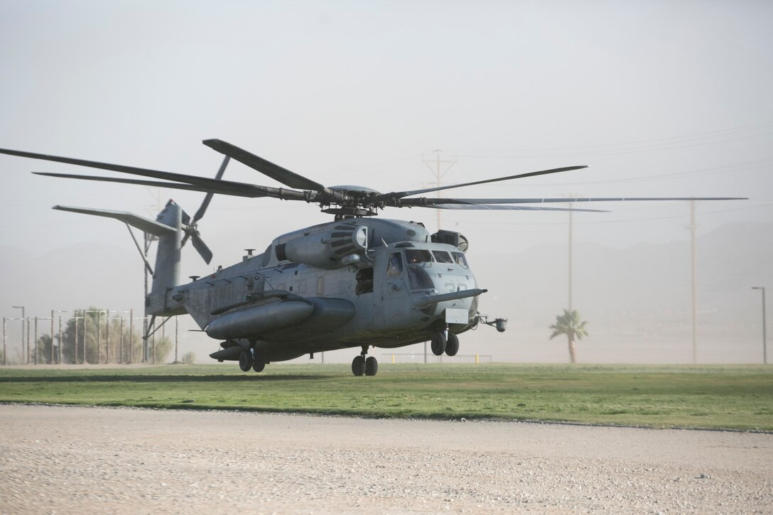A CH-53 ‘Super Stallion’ helicopter lands at Del Valle Field during a non-combatant Evacuation Operation exercise as part of Weapons and Tactics Instructor Course 2-17 at Marine Corps Air Ground Combat Center Twentynine Palms, Calif., April 21, 2017. NEO exercises simulate real-life scenarios where non-combatants are evacuated from a potentially hostile area.