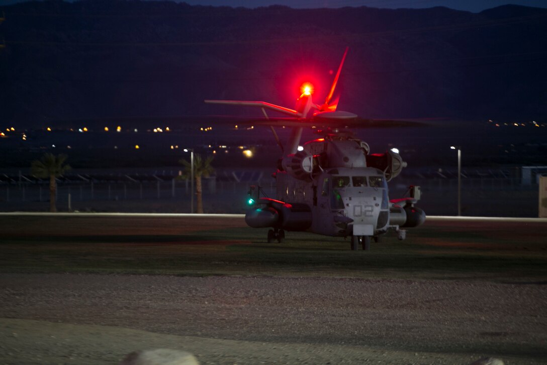 A CH-53 ‘Super Stallion’ helicopter prepares to take-off at Del Valle Field during a non-combatant Evacuation Operation exercise as part of Weapons and Tactics Instructor Course 2-17 at Marine Corps Air Ground Combat Center Twentynine Palms, Calif., April 21, 2017. NEO exercises simulate real-life scenarios where non-combatants are evacuated from a potentially hostile area.