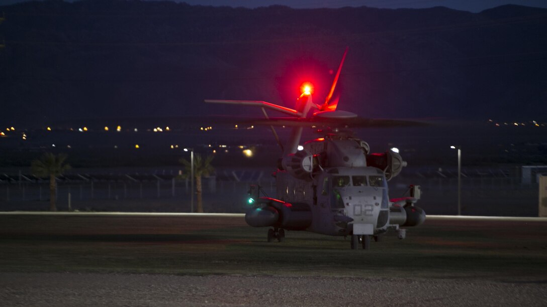 A CH-53 ‘Super Stallion’ helicopter prepares to take-off at Del Valle Field during a non-combatant Evacuation Operation exercise as part of Weapons and Tactics Instructor Course 2-17 at Marine Corps Air Ground Combat Center Twentynine Palms, Calif., April 21, 2017. NEO exercises simulate real-life scenarios where non-combatants are evacuated from a potentially hostile area.