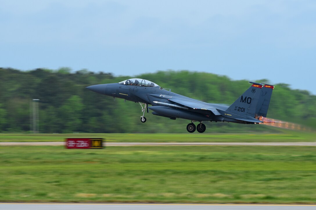 An F-15E Strike Eagle assigned to Mountain Home Air Force Base, Idaho, takes off for Atlantic Trident 17 at Joint Base Langley-Eustis, Va., April 20, 2017. The exercise aims to allow sharing and development of techniques, tactics and procedures between U.S. Air Force, French air force, and Royal Air Force frontline fighters in order to fly, fight and win in modern highly contested environments. (U.S. Air Force photo/Airman 1st Class Tristan Biese)