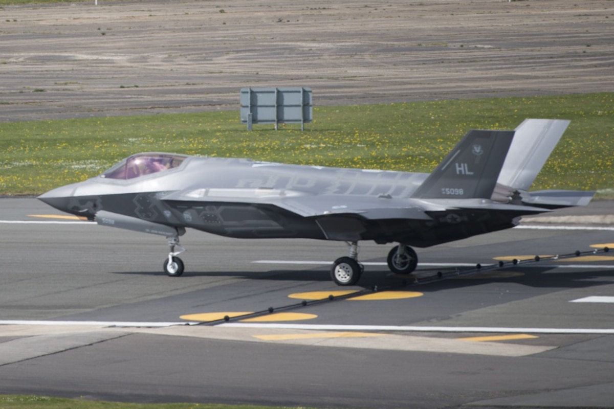 An F-35 Lightning II from the 34th Fighter Squadron at Hill Air Force Base, Utah, lands at Royal Air Force Lakenheath, England, April 15, 2017.The aircraft arrival marks the first F-35A fighter training deployment to the U.S. European Command area of responsibility or any overseas location as a flying training deployment. Air Force photo by Senior Airman Malcolm Mayfield
