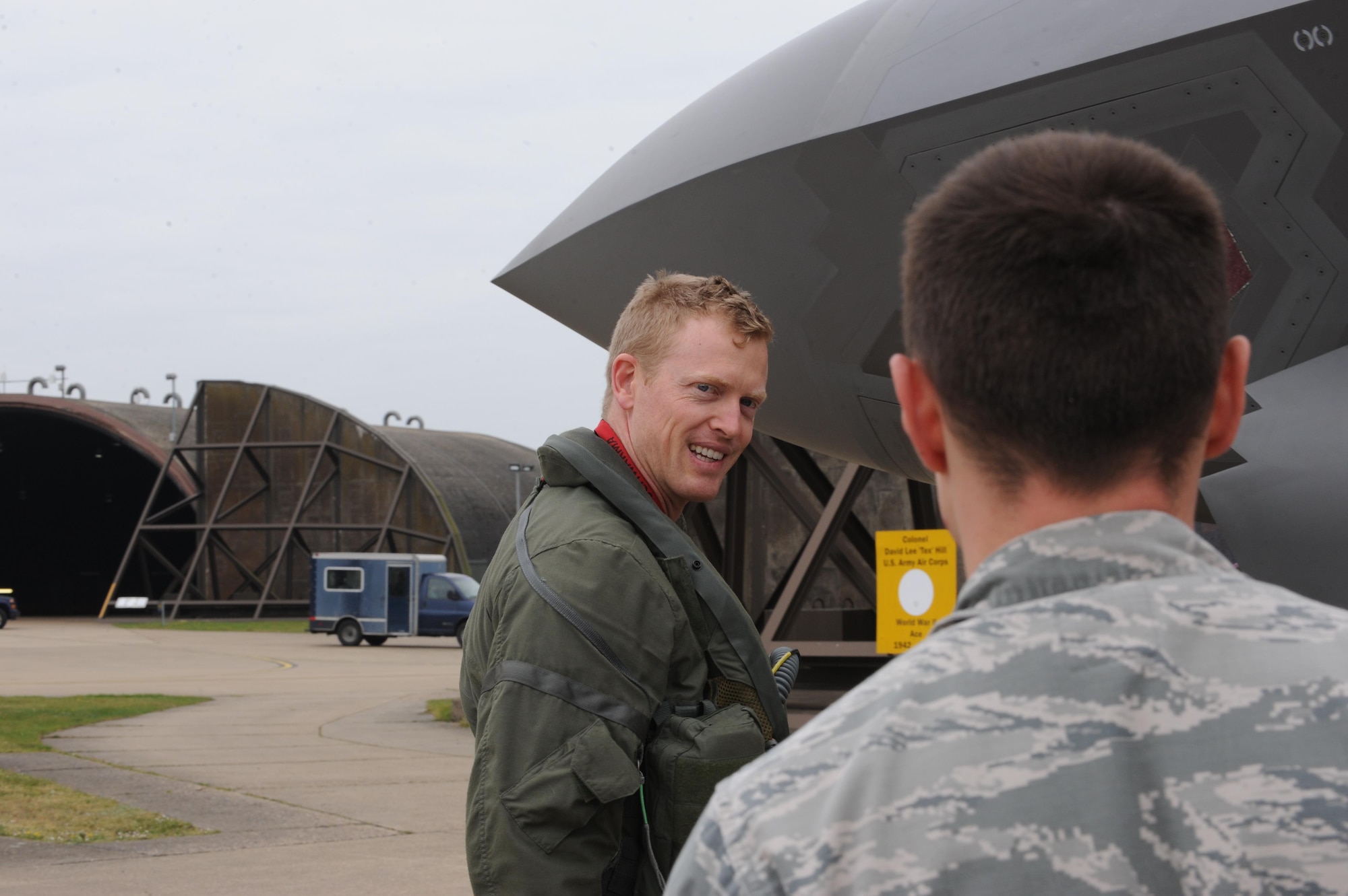 Maj. Luke Harris, an F-35A pilot from the 34th Fighter Squadron talks to 34th Aircraft Maintenance Unit crew chief Staff Sgt. Zachary Kasperek prior to flying a training mission at RAF Lakenheath. Airmen from the 388th and 419th Fighter Wings at Hill Air Force Base, Utah, deployed the F-35A overseas for the first time. While in Europe, they will train with units from the U.S. Air Force, Royal Air Force and air forces from other NATO allies. (U.S. Air Force photo/Micah Garbarino)