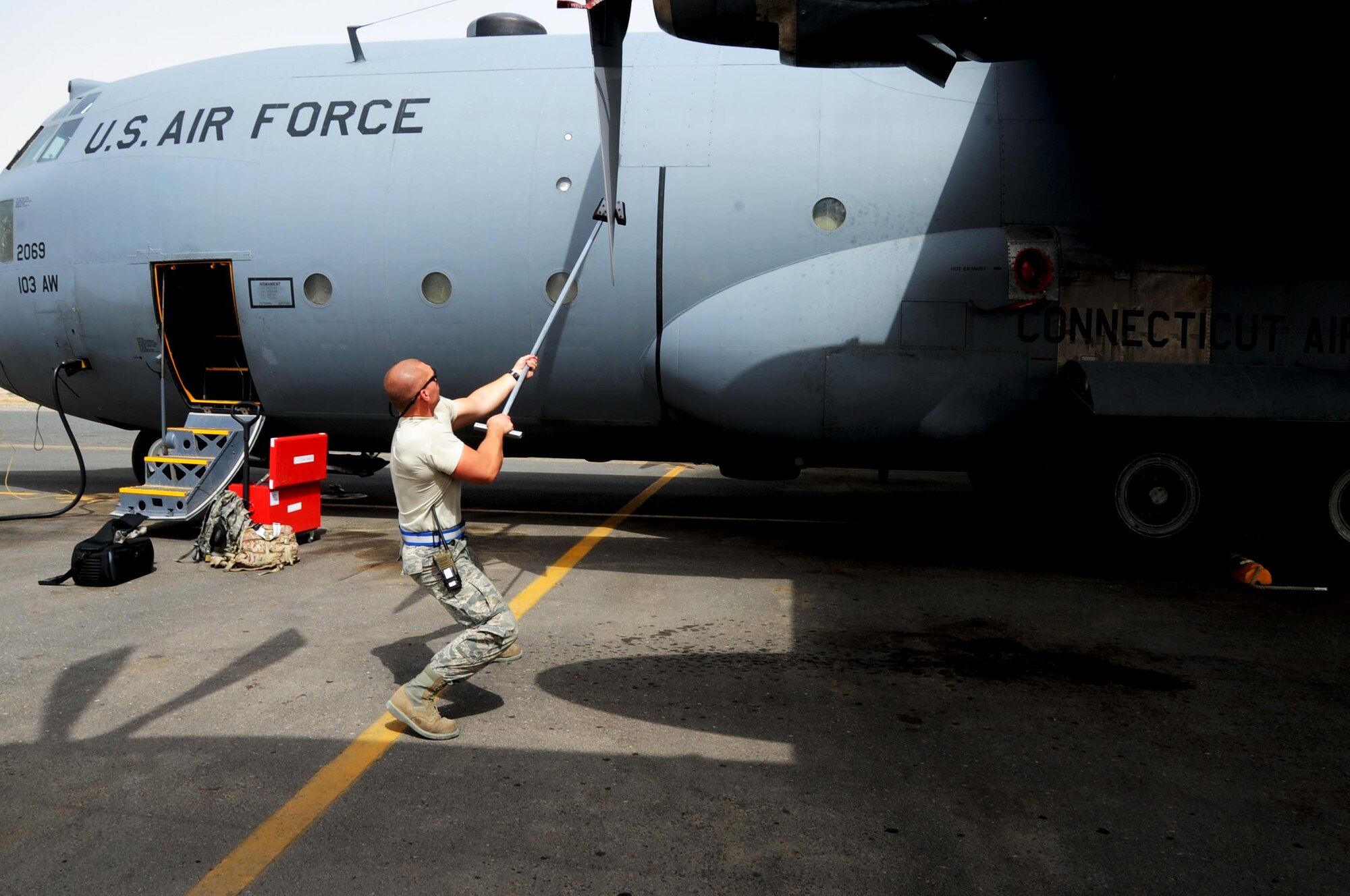 Staff Sgt. James Srackangast, 386 Expeditionary Air Maintenance Squadron crew chief, checks a C-130H Hercules propeller April 24, 2017, at an undisclosed location in Southwest Asia. Srackangast is deployed from the 143rd Airlift Wing in Charlotte, N.C. in support of Operation Inherent Resolve.   (U.S. Air Force photo/Tech. Sgt. Kenneth McCann)