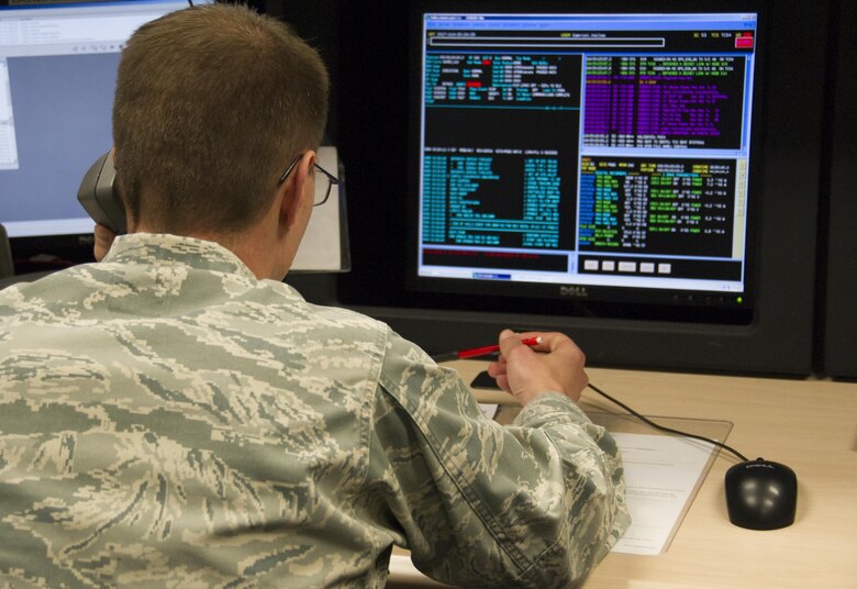 SCHRIEVER AIR FORCE BASE, Colo. -- Capt. Cuyler Gembol, 6th Space Operations Squadron, responds to an anomaly during a Continuity of Operations training event with the National Oceanic and Atmospheric Administration on Monday, Apr. 24th, 2017. 6 SOPS provides backup to NOAA, the main operators of the Defense Meteorological Satellite Program (DMSP) satellites, in the event that NOAA's systems become inoperable. (U.S. Air Force photo/Senior Airman Laura Turner)