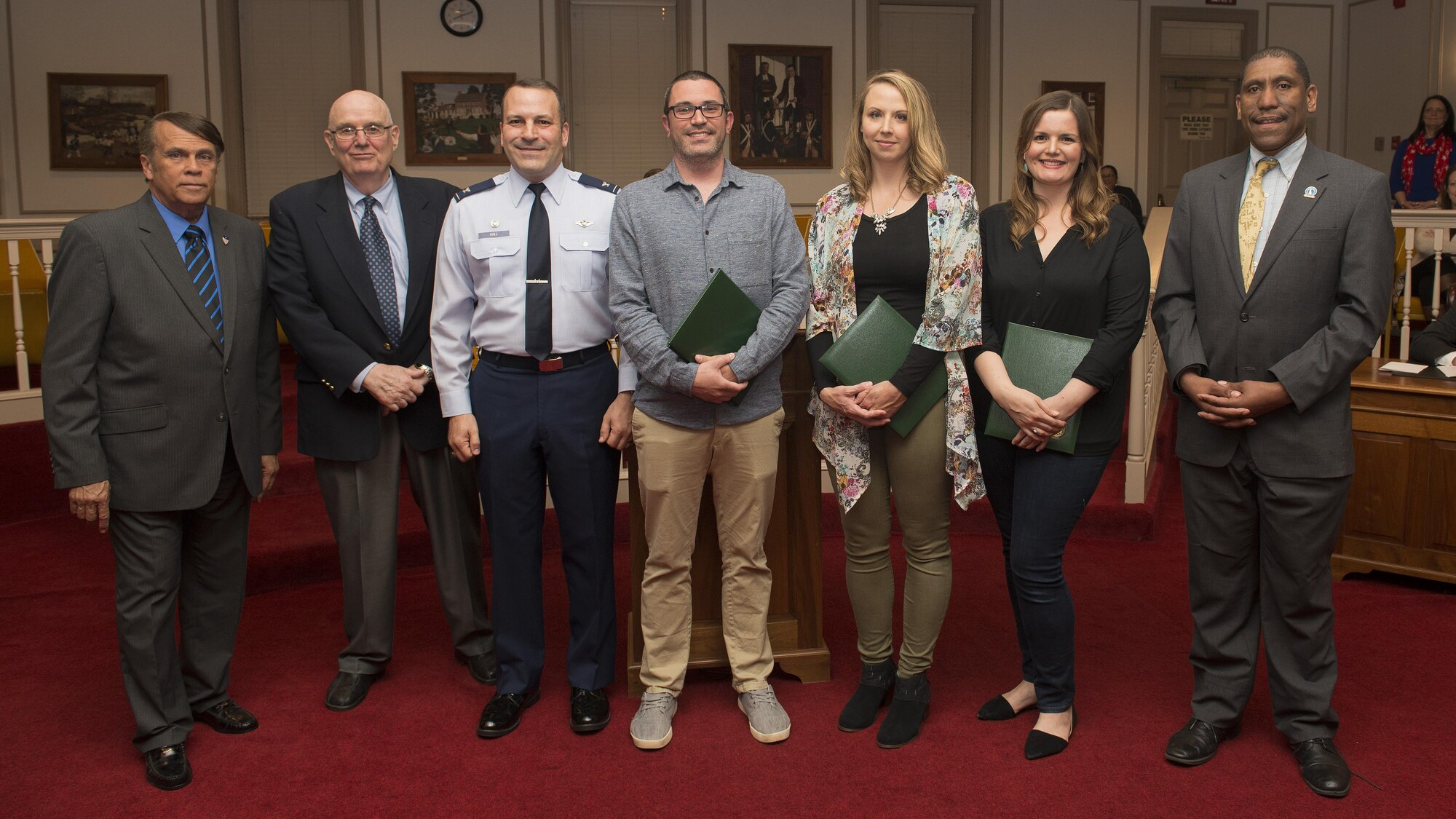 City of Dover government officials, Dover Air Force Base leadership and military spouses pose for a photo during a City Council Meeting April 24, 2017, inside City Hall in Dover, Del. The group is recognizing a proclamation that makes May 12, 2017, to be Military Spouse Appreciation Day. (U.S. Air Force photo by Senior Airman Zachary Cacicia)