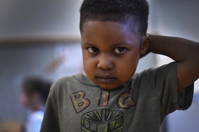 Tobias, a military child, poses for a photo at the Joint Base Charleston Child Development Center in South Carolina, April 6, 2017. April was named Month of the Military Child by former Defense Secretary Casper Weinberger in 1989 to applaud military children for their daily sacrifices.