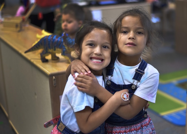 Ana, left, and Ava, military children and sisters, play at the Joint Base Charleston Child Development Center in South Carolina, April 6, 2017. April was named Month of the Military Child by former Defense Secretary Casper Weinberger in 1989 to applaud military children for their daily sacrifices.
