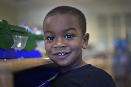 Landon, a military child, smiles for a photo at the Joint Base Charleston Child Development Center in South Carolina, April 6, 2017. April was named Month of the Military Child by former Defense Secretary Casper Weinberger in 1989 to applaud military children for their daily sacrifices.