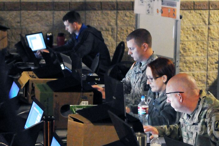 Members of the Army National Guard, Air National Guard, U.S. Army Reserve and civilian agencies prepare to engage in cyber attacks as Red Cell members in Cyber Shield 17 at Camp Williams, Utah, April 27, 2017. The National Guard is working closely with its interagency partners and the private sector to strengthen network cyber-security and capabilities to support local responses to cyber incidents in Cyber Shield 17. Army National Guard photos by Sgt. Michael Giles